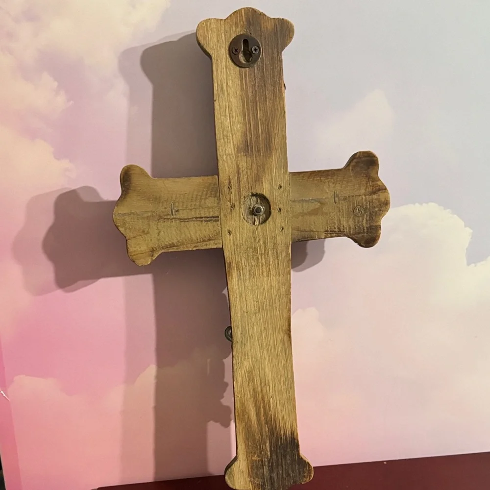 Rustic Wooden Cross with Golden Accents and Red Gem